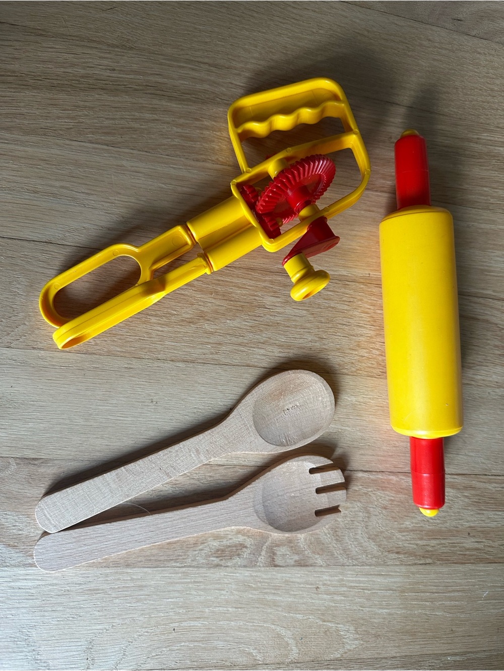 Vintage kitchen toys Kids Dough Roller, Egg beater, and wooden utensils